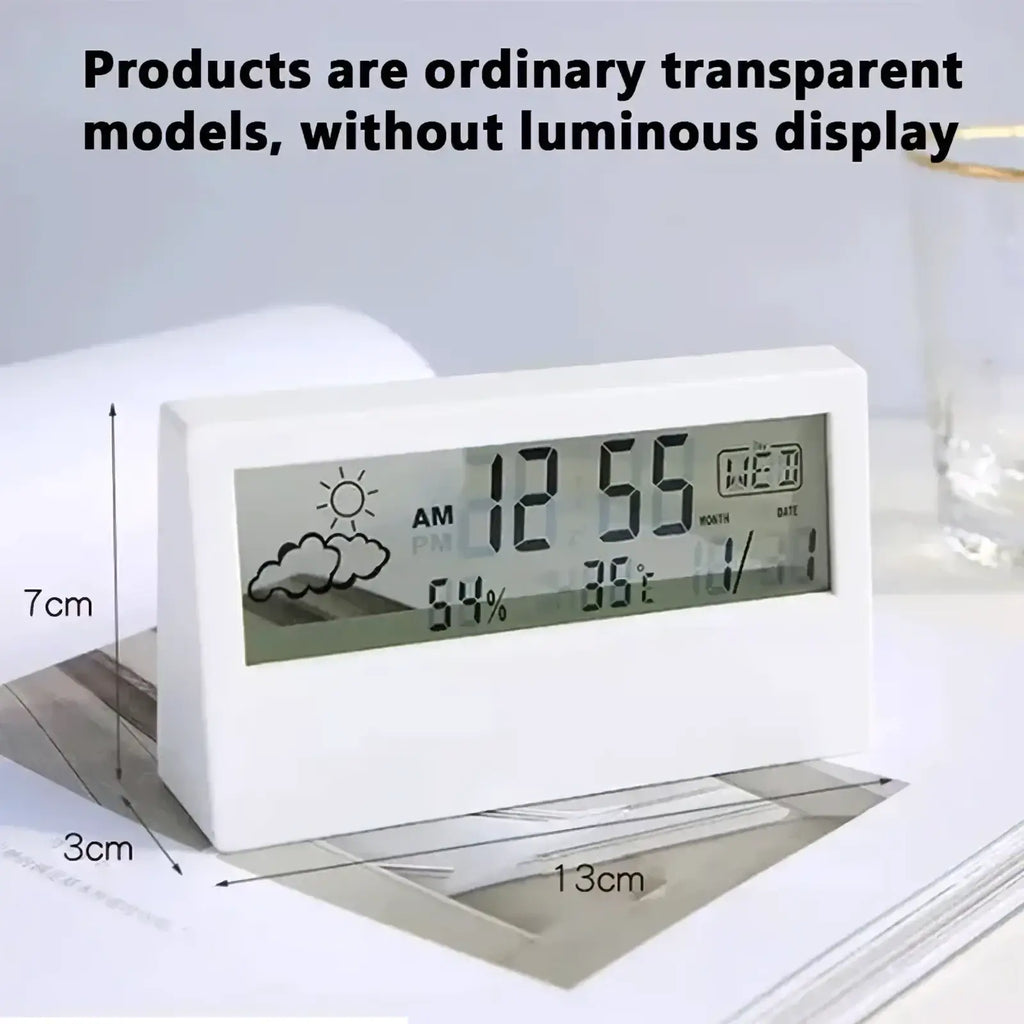White rectangular digital weather desktop alarm clock with transparent display showing time temperature humidity and date