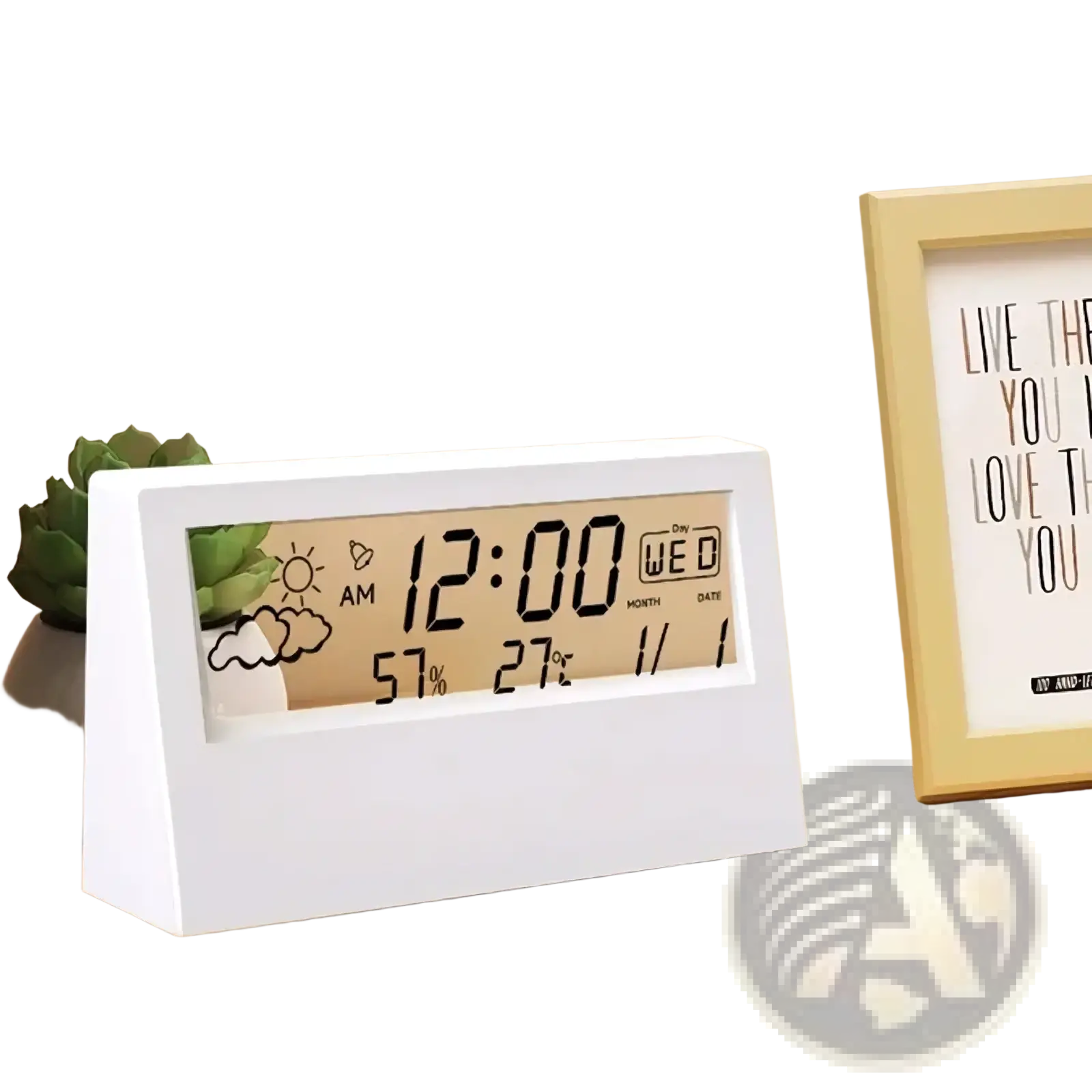 White rectangular digital weather desktop alarm clock showing time day date temperature and weather icons on display