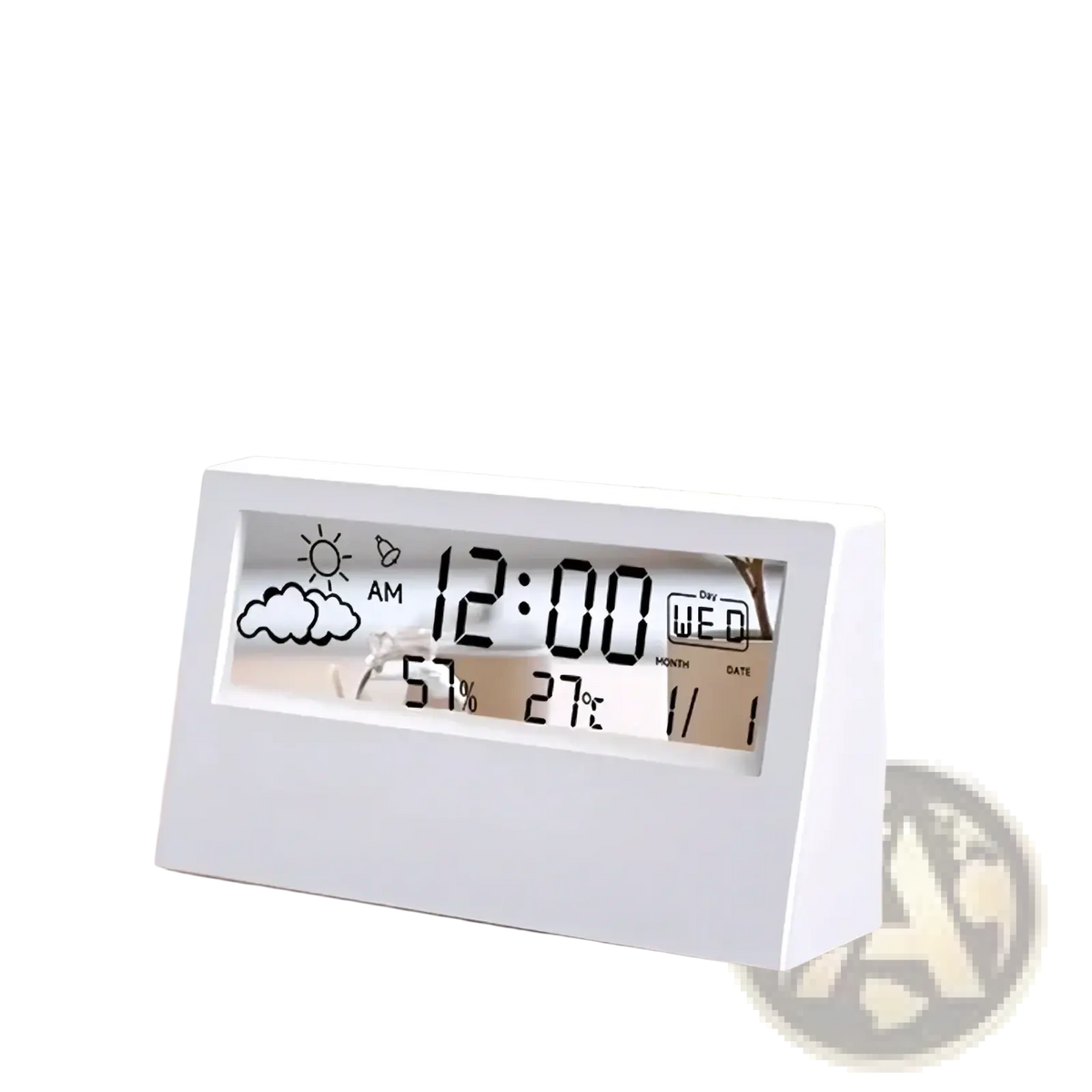 White rectangular digital weather desktop alarm clock with sleek minimalist design displaying time date and temperature