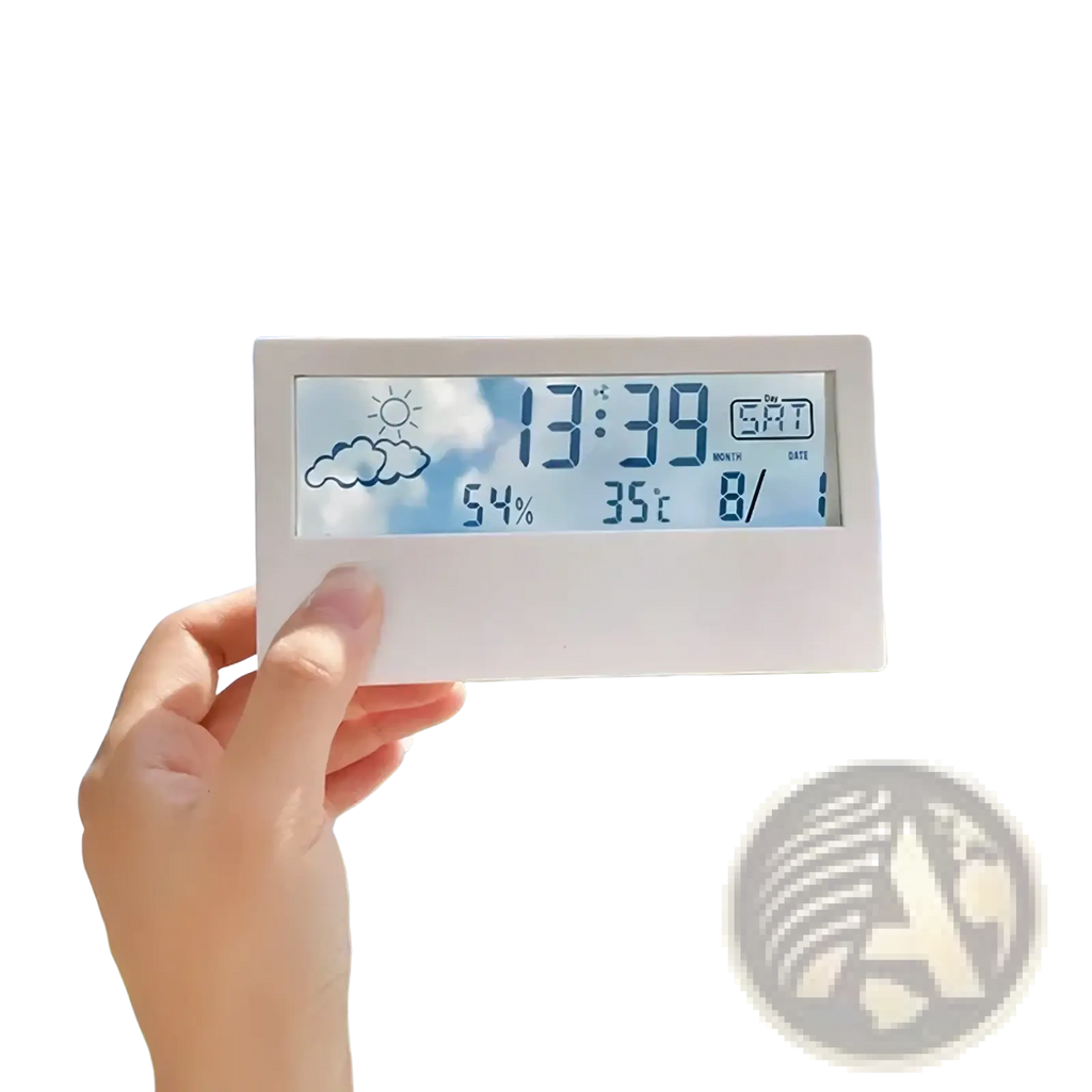 White rectangular digital weather desktop alarm clock displaying time date temperature humidity and cloud icon