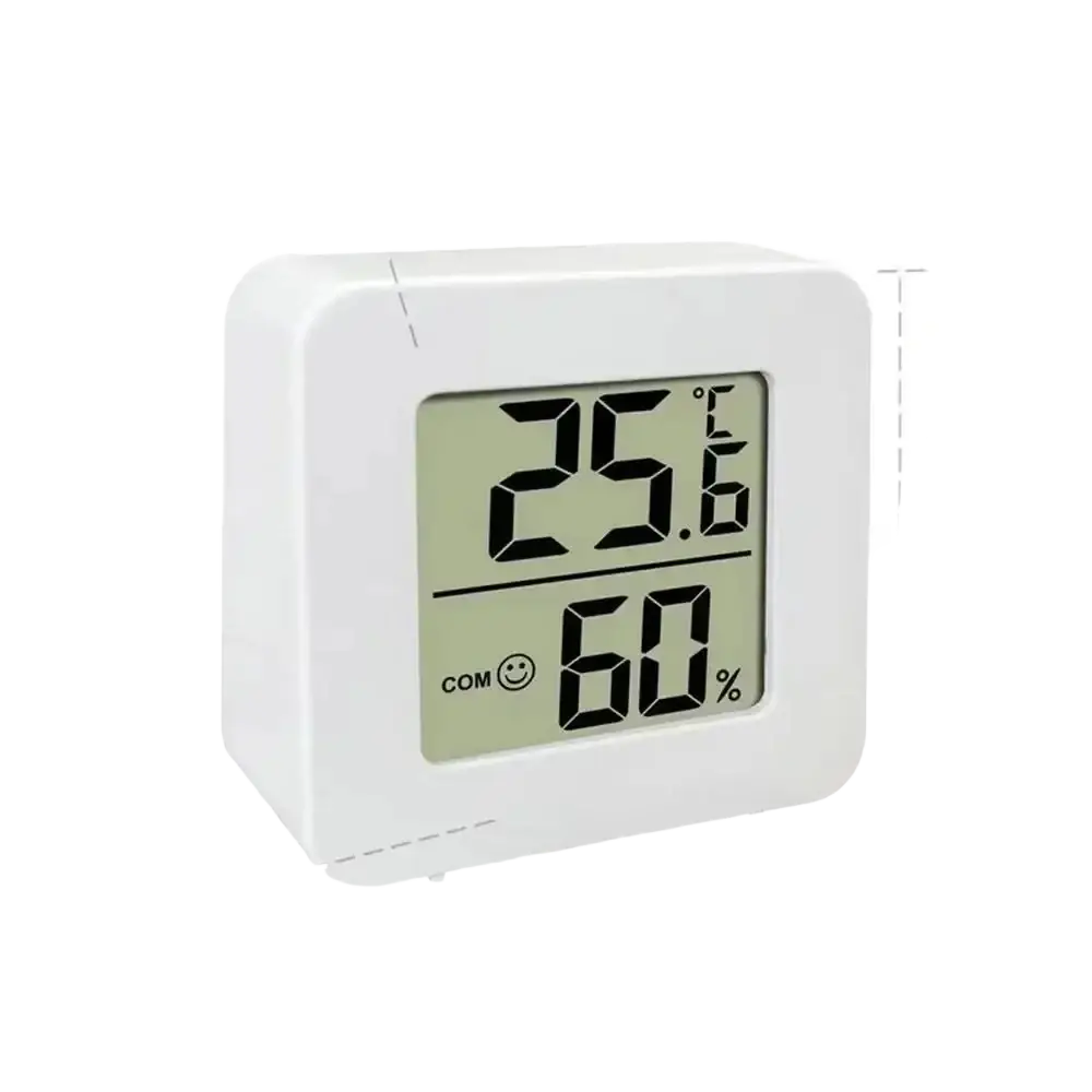 Digital weather desktop alarm clock white square digital thermometer and hygrometer showing temperature and humidity