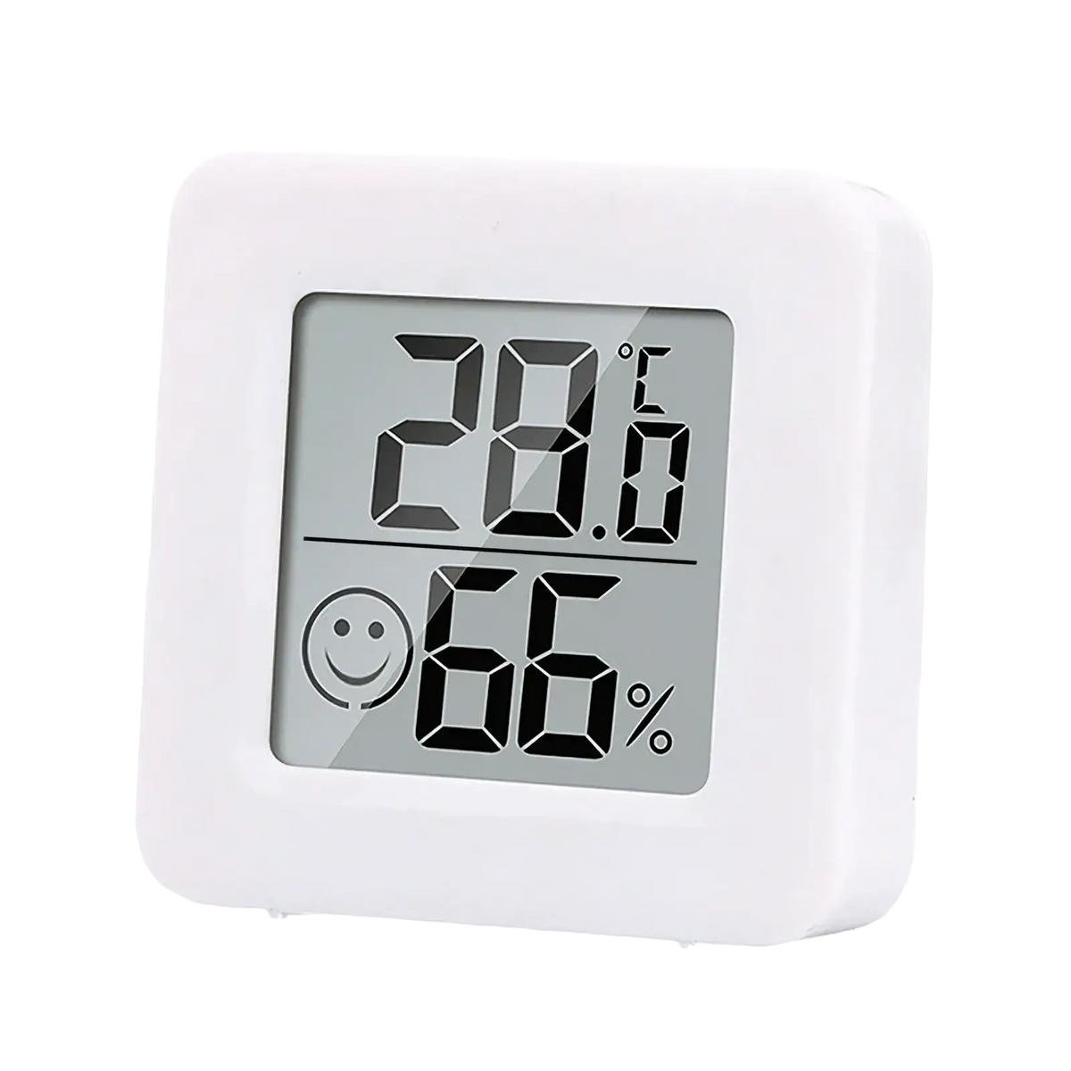 White square digital weather desktop alarm clock displaying temperature 28.0°c humidity 66% with smiling face icon