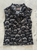 Black sleeveless cotton blouse with white dinosaur skeleton print and bow collar by Retro Licious