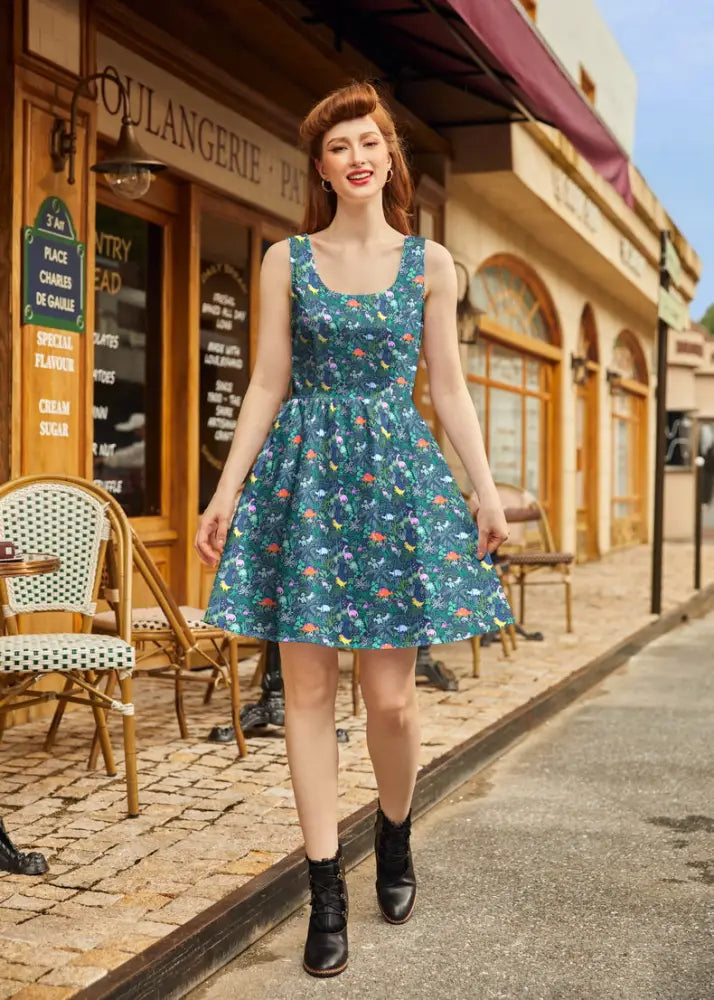 Dino jungle cotton fit and flare dress with pockets in teal floral print sleeveless a-line design and square neckline