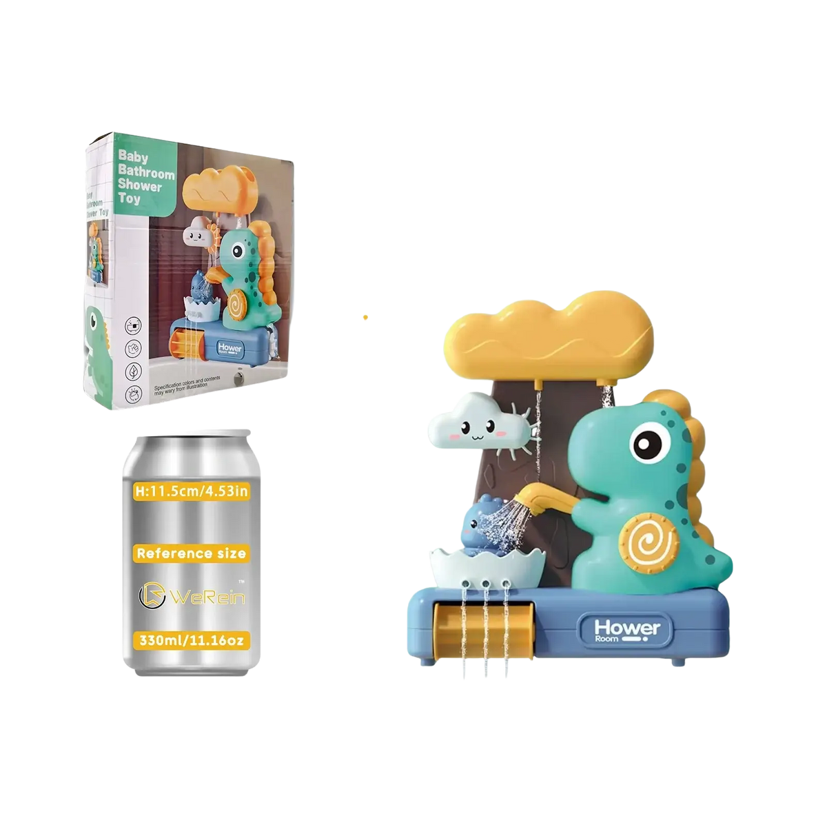 Cute teal dinosaur-shaped baby bath toy with yellow cloud and rain spray features for water play