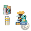 Cute teal dinosaur-shaped baby bath toy with yellow cloud and rain spray features for water play