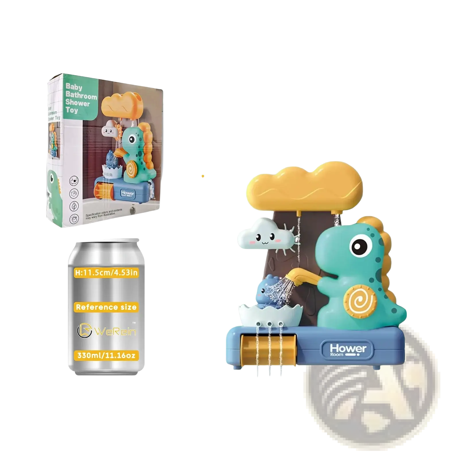 Cute teal dinosaur-shaped baby bath toy with yellow cloud and rain spray features for water play
