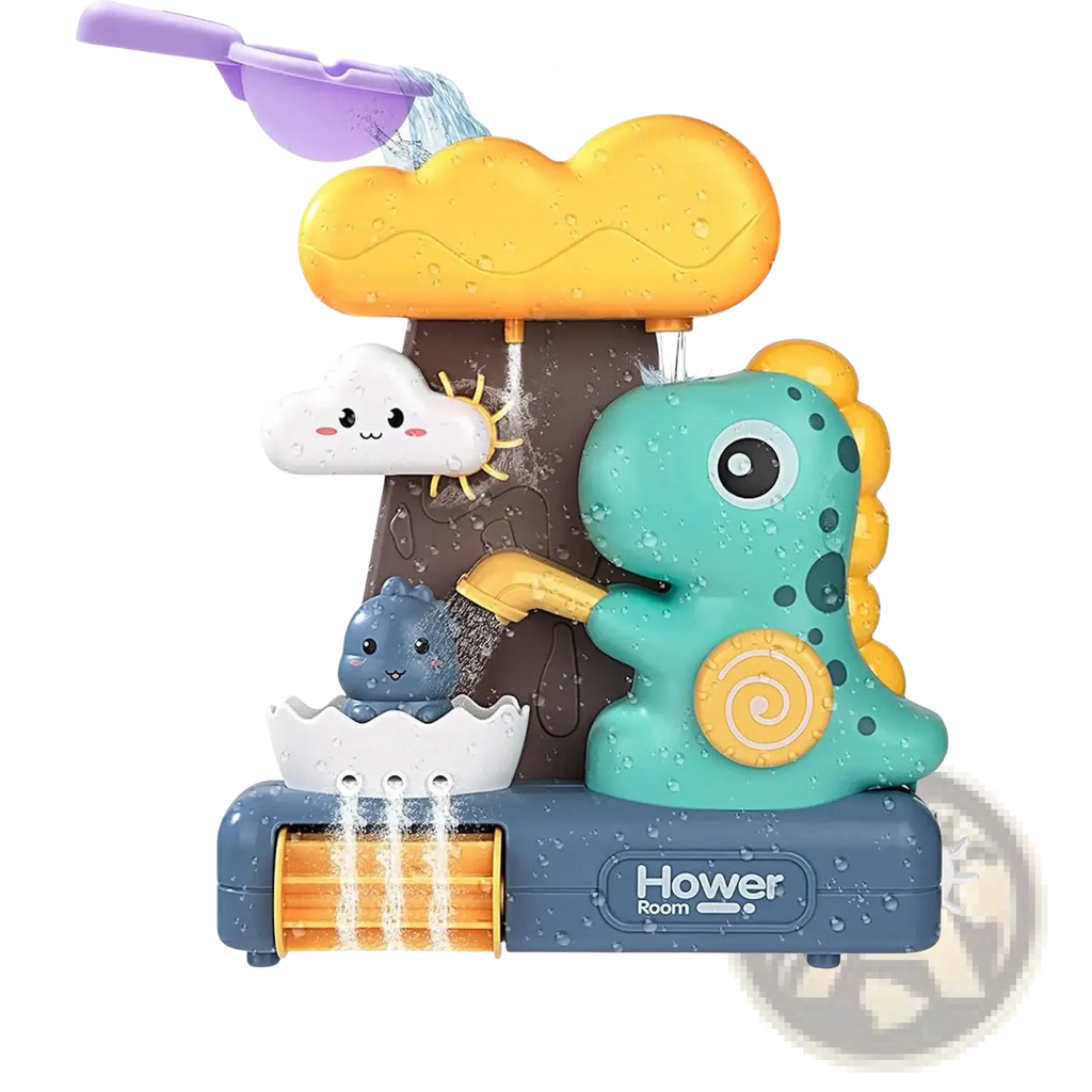 Dinosaur baby bath toy water spray set in teal with yellow cloud and sun accessories and a purple water scoop