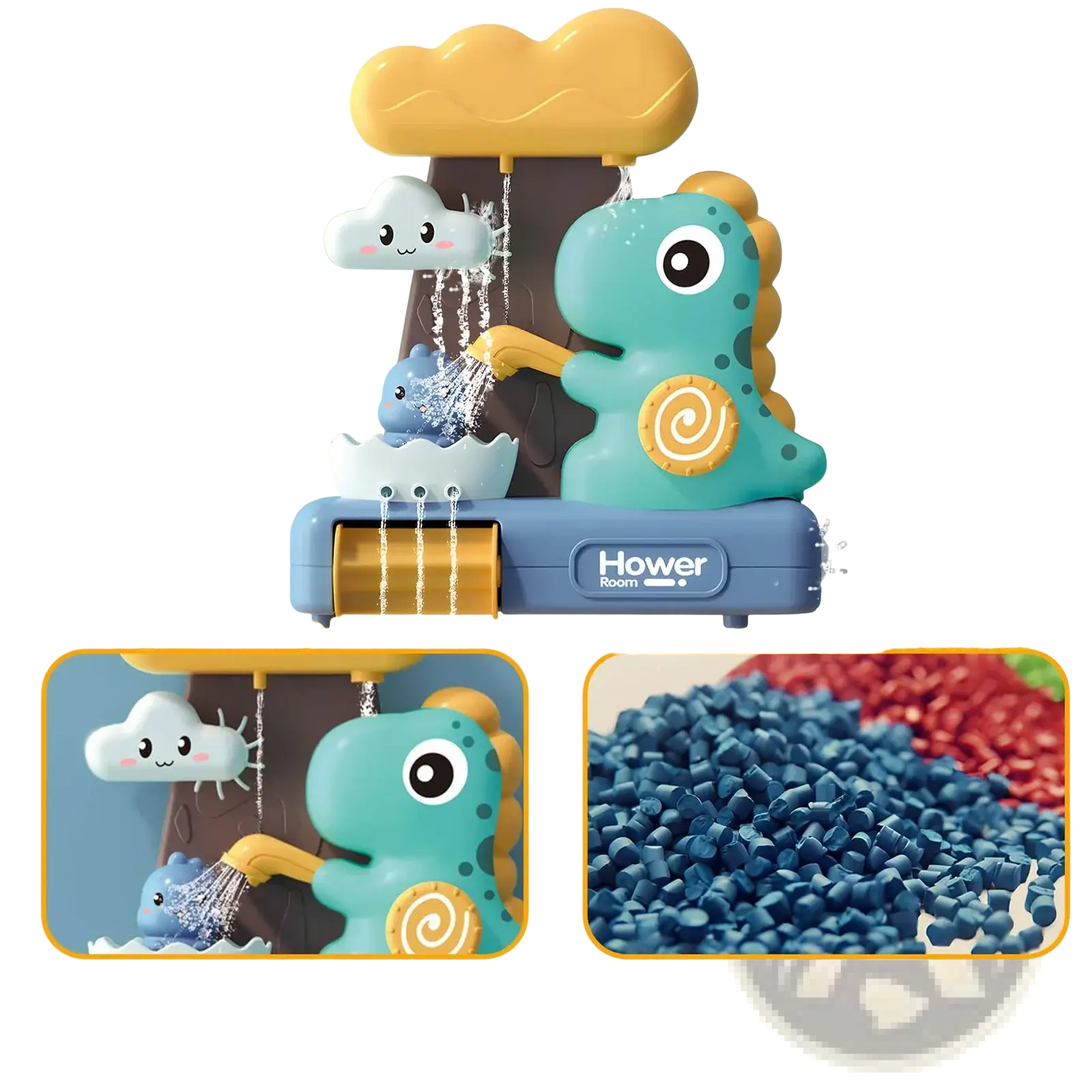 Teal dinosaur baby bath toy water spray set with yellow cloud and rain features made of non-toxic ABS plastic