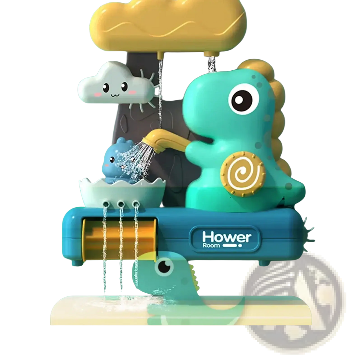 Teal dinosaur baby bath toy water spray set with yellow accents and spiral belly featuring multiple spray nozzles