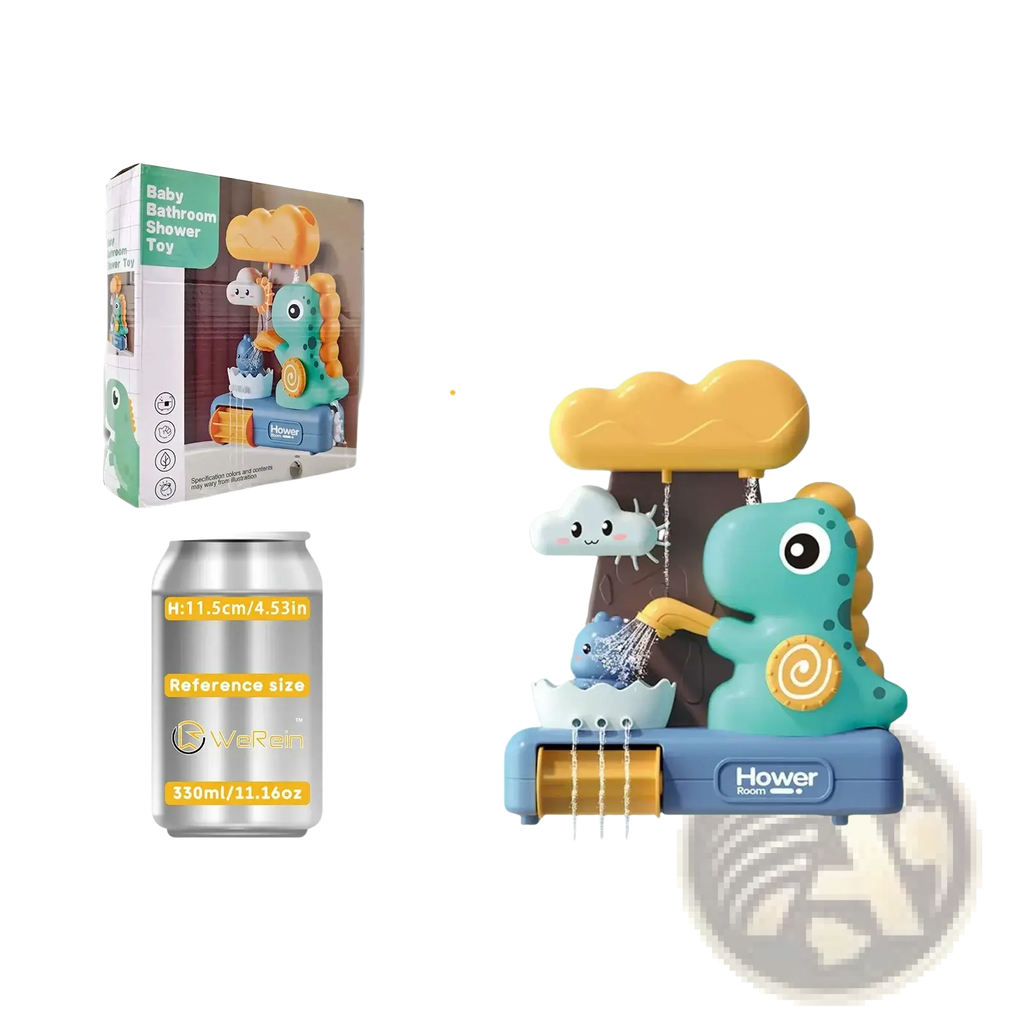 Dinosaur baby bath toy water spray set featuring a turquoise dinosaur with yellow cloud and blue base for water play
