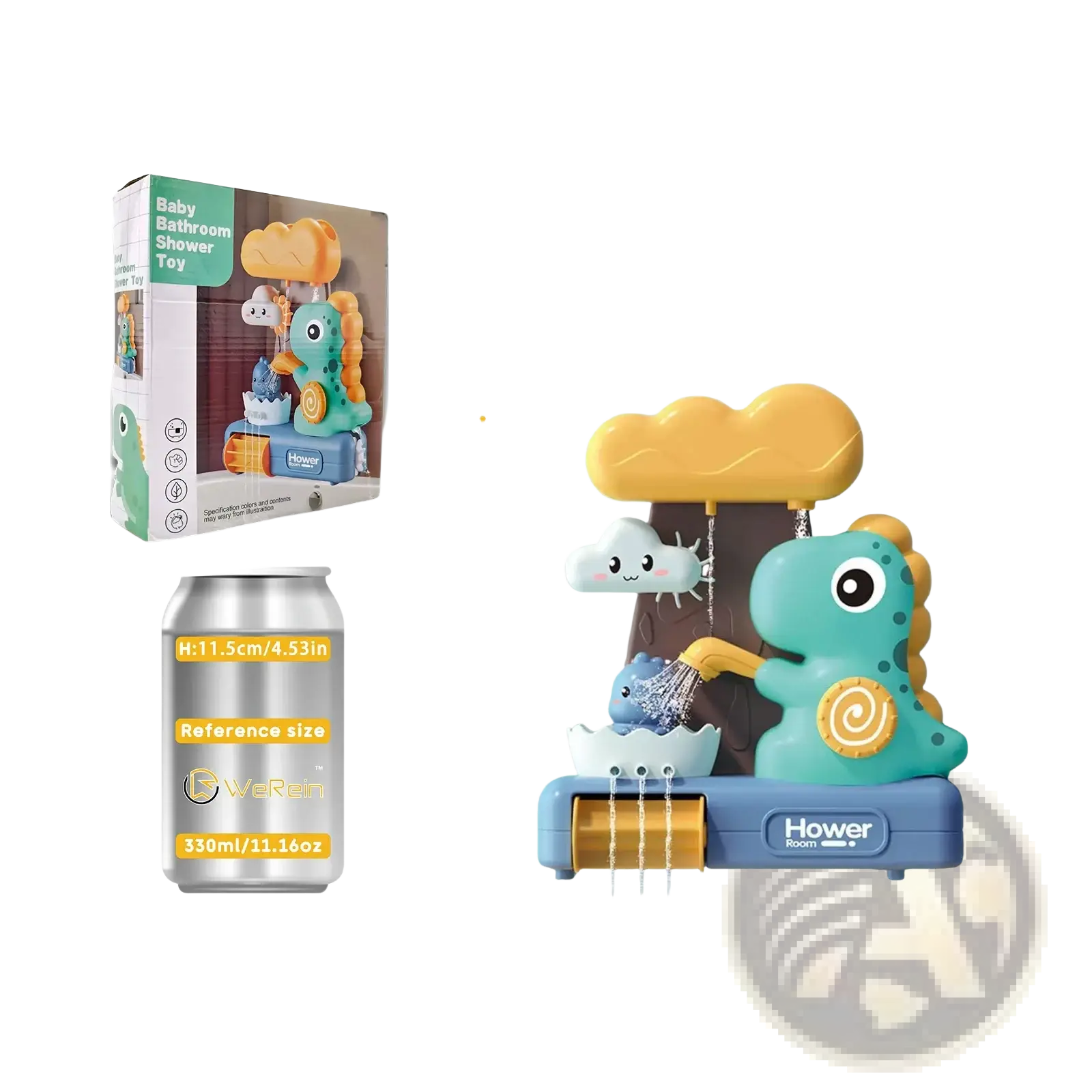 Dinosaur baby bath toy water spray set featuring a turquoise dinosaur with yellow cloud and blue base for water play
