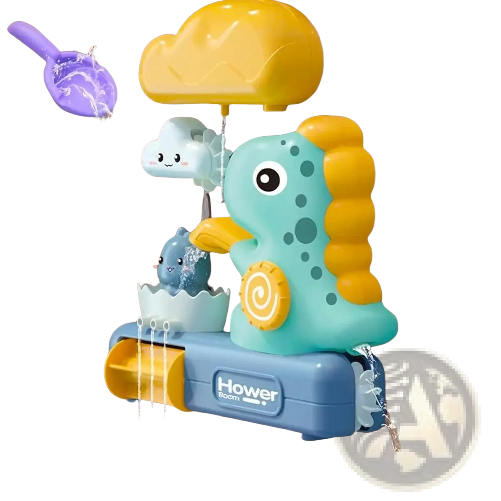 A turquoise and yellow seahorse-shaped baby bath toy with a cloud sprinkler and blue hower room base by Werein Toys
