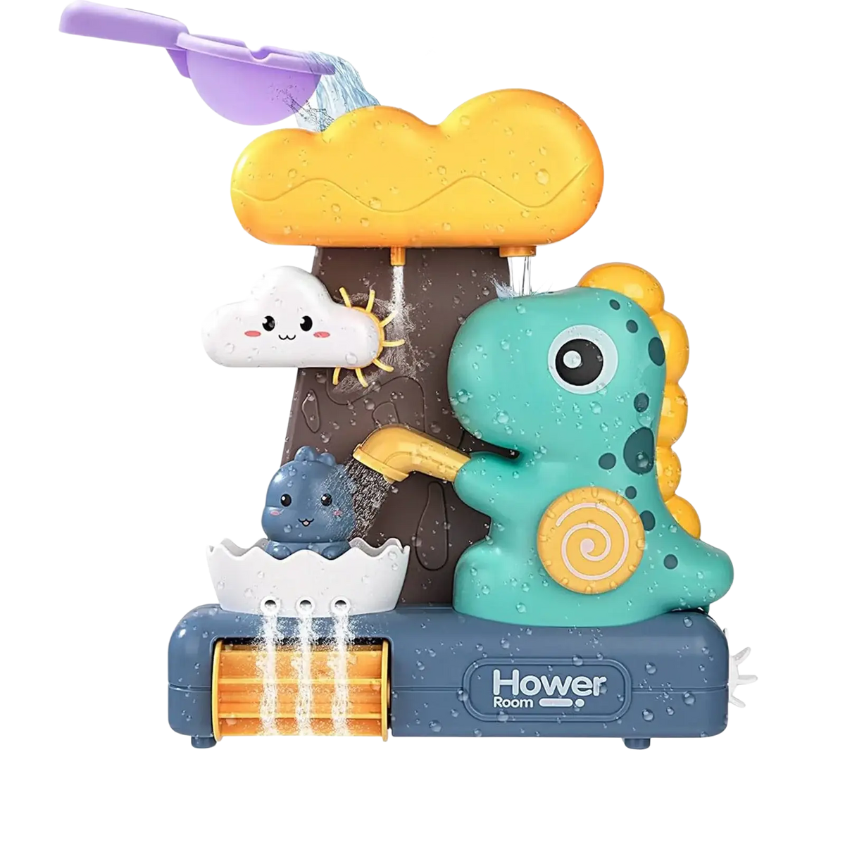 Dinosaur baby bath toy water spray set in teal with yellow cloud and sun accessories and a purple water scoop