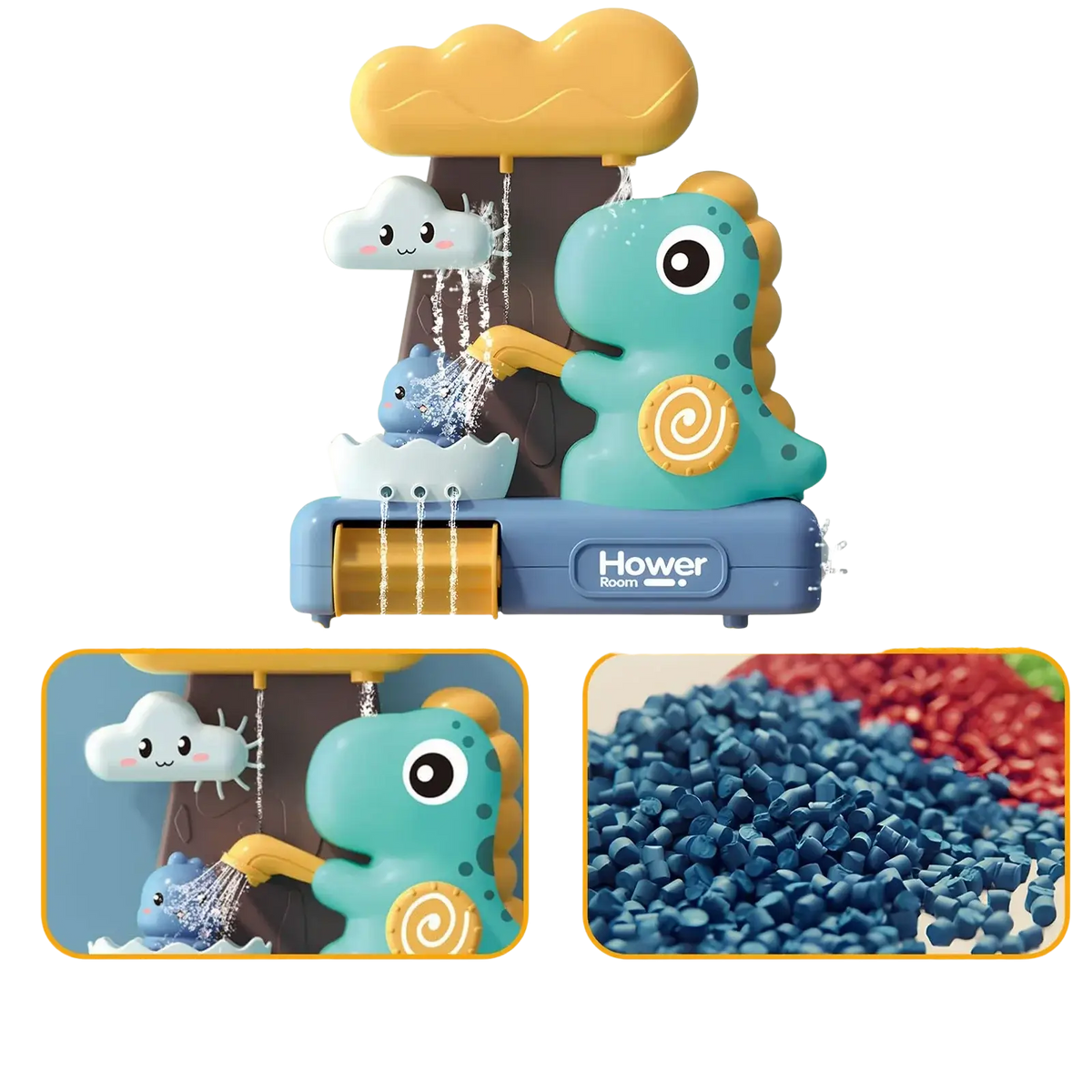 Teal dinosaur baby bath toy water spray set with yellow cloud and rain features made of non-toxic ABS plastic