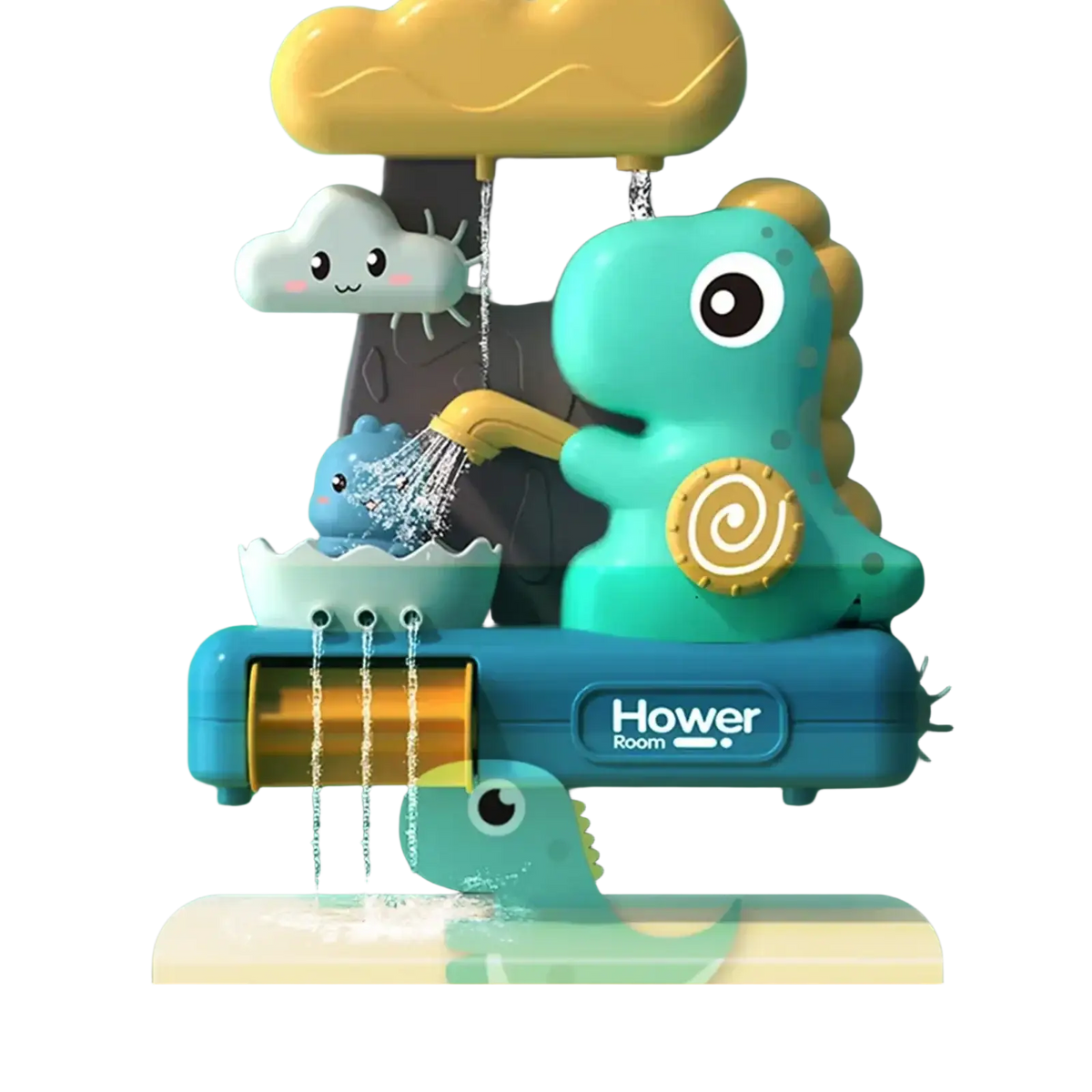 Teal dinosaur baby bath toy water spray set with yellow accents and spiral belly featuring multiple spray nozzles