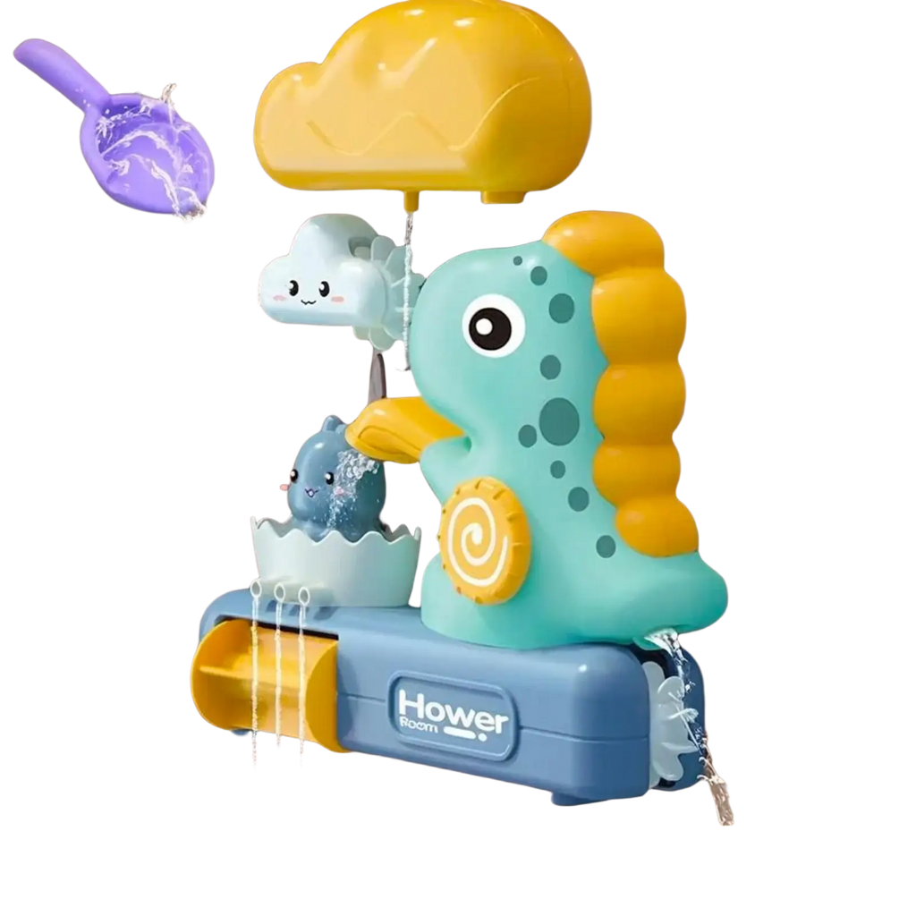 A turquoise and yellow seahorse-shaped baby bath toy with a cloud sprinkler and blue hower room base by Werein Toys