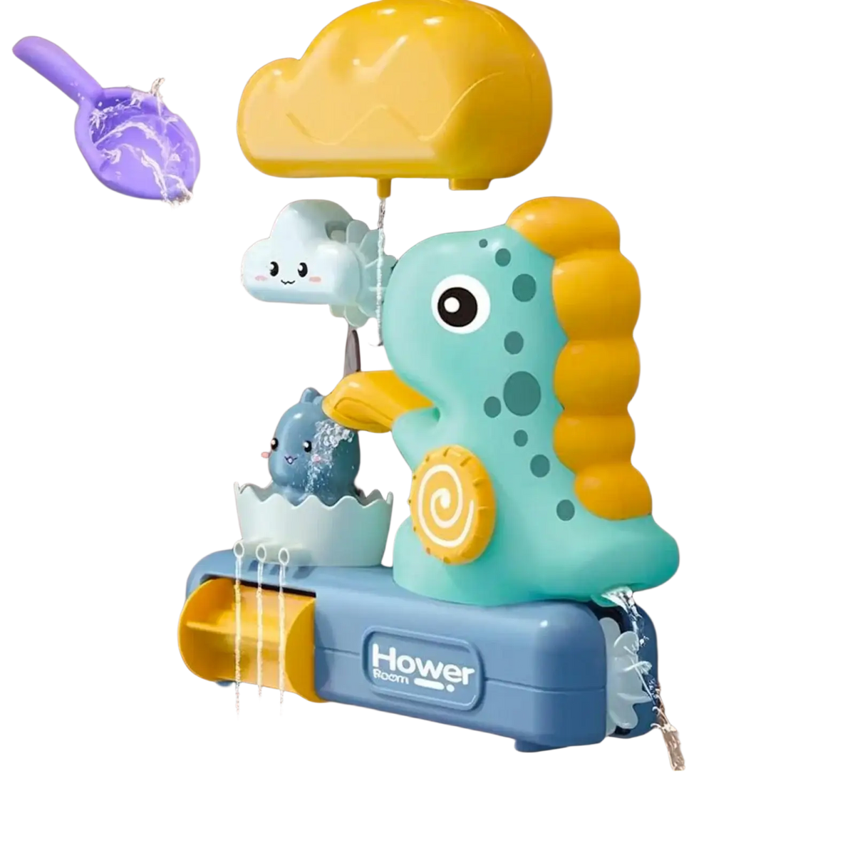 A turquoise and yellow seahorse-shaped baby bath toy with a cloud sprinkler and blue hower room base by Werein Toys