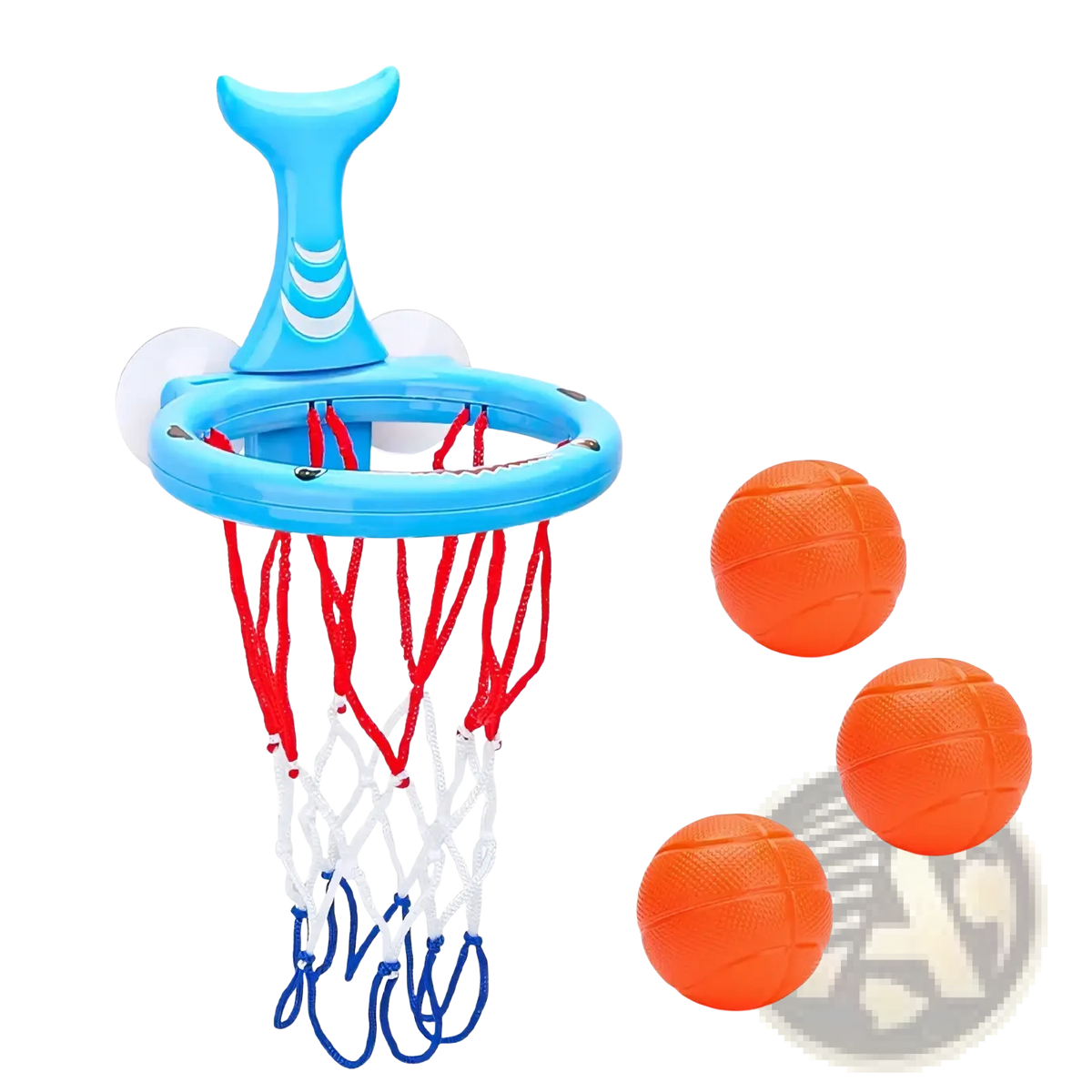 Blue plastic dinosaur bath basketball hoop set with shark-tail design red and white netting and three orange balls