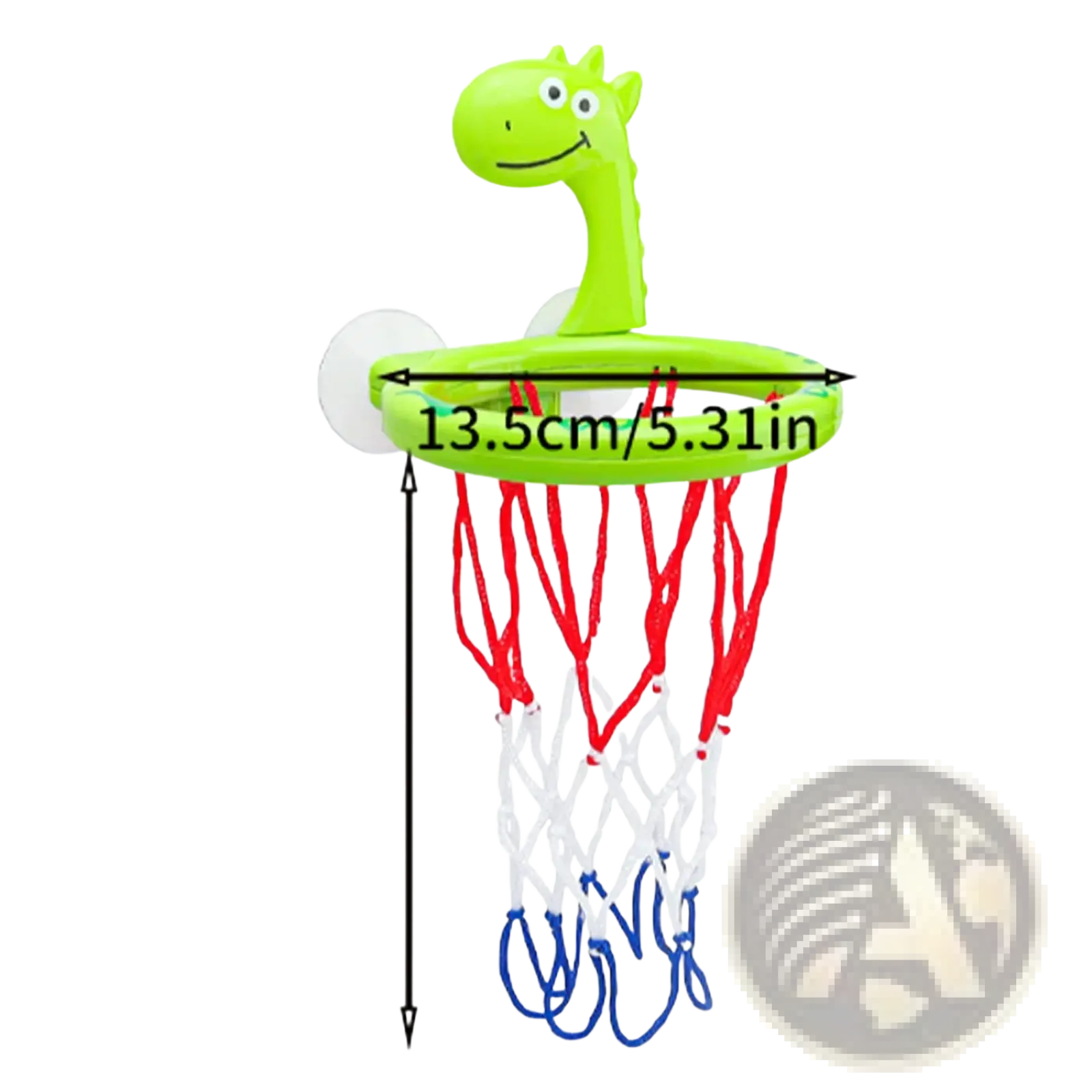 Dinosaur bath basketball hoop set featuring a bright green plastic giraffe design with red and white netting and three balls