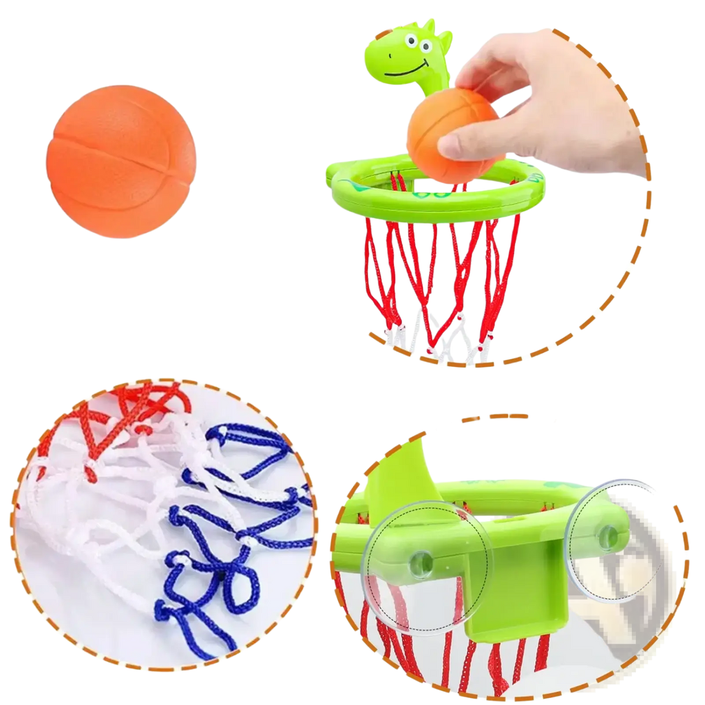 Dinosaur bath basketball hoop set with bright green plastic suction cup hoop red net and orange rubber ball