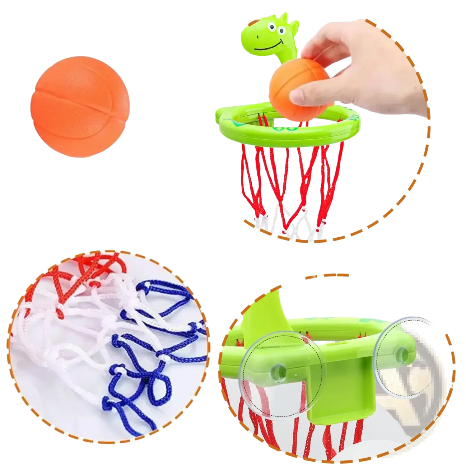 Dinosaur bath basketball hoop set with bright green plastic suction cup hoop red net and orange rubber ball