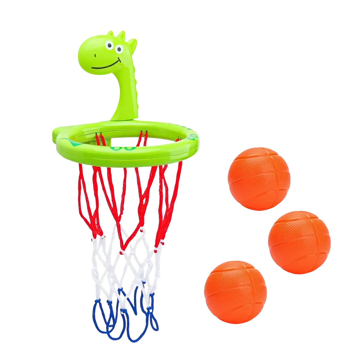 Dinosaur bath basketball hoop set with bright green plastic dinosaur theme suction cup base and colorful net