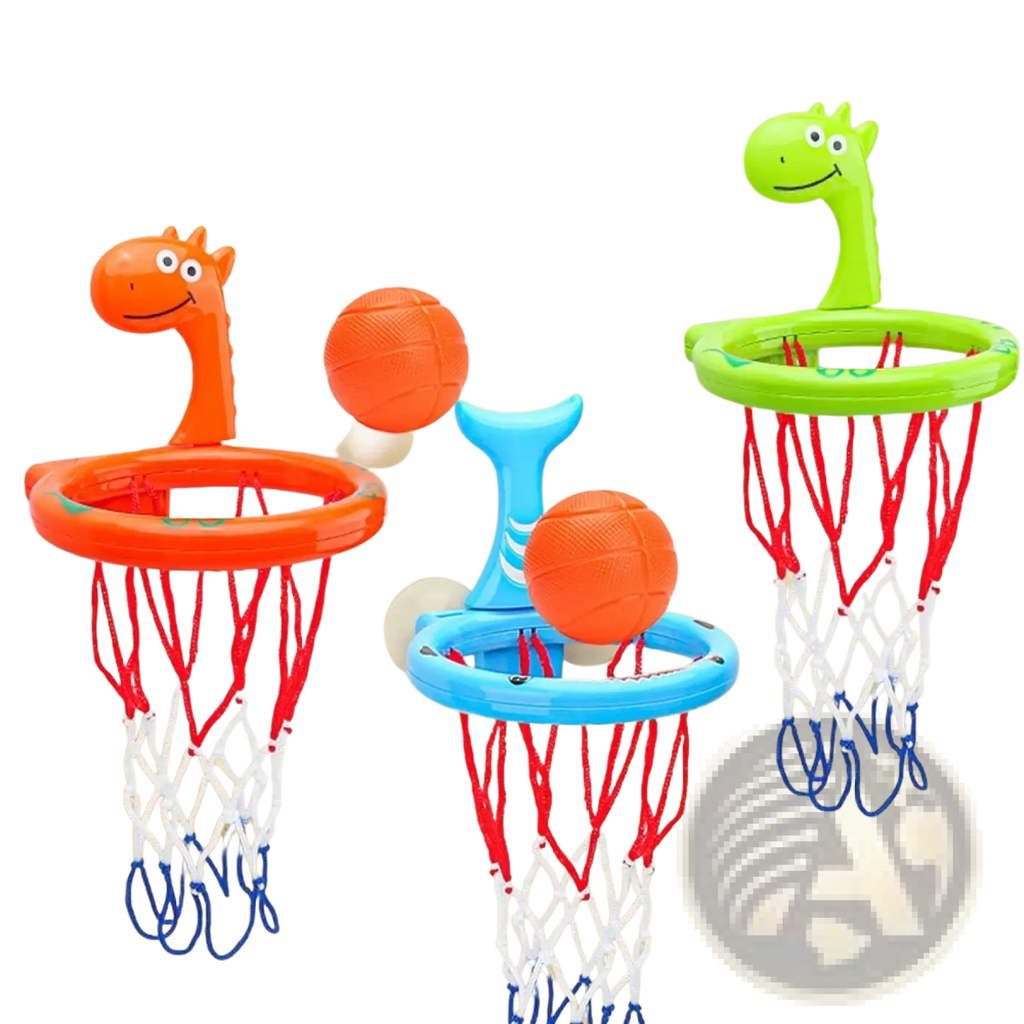 Dinosaur bath basketball hoop set with suction cups brightly colored plastic hoops and red white and blue nets with 3 balls