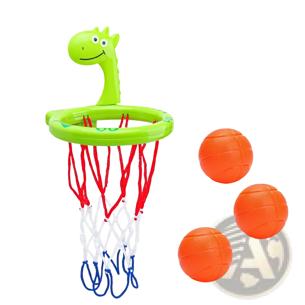 Dinosaur bath basketball hoop set with bright green plastic dinosaur theme suction cup base and colorful net