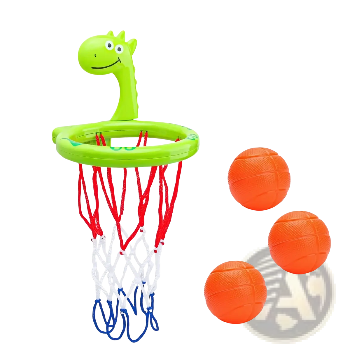 Dinosaur bath basketball hoop set with bright green plastic dinosaur theme suction cup base and colorful net