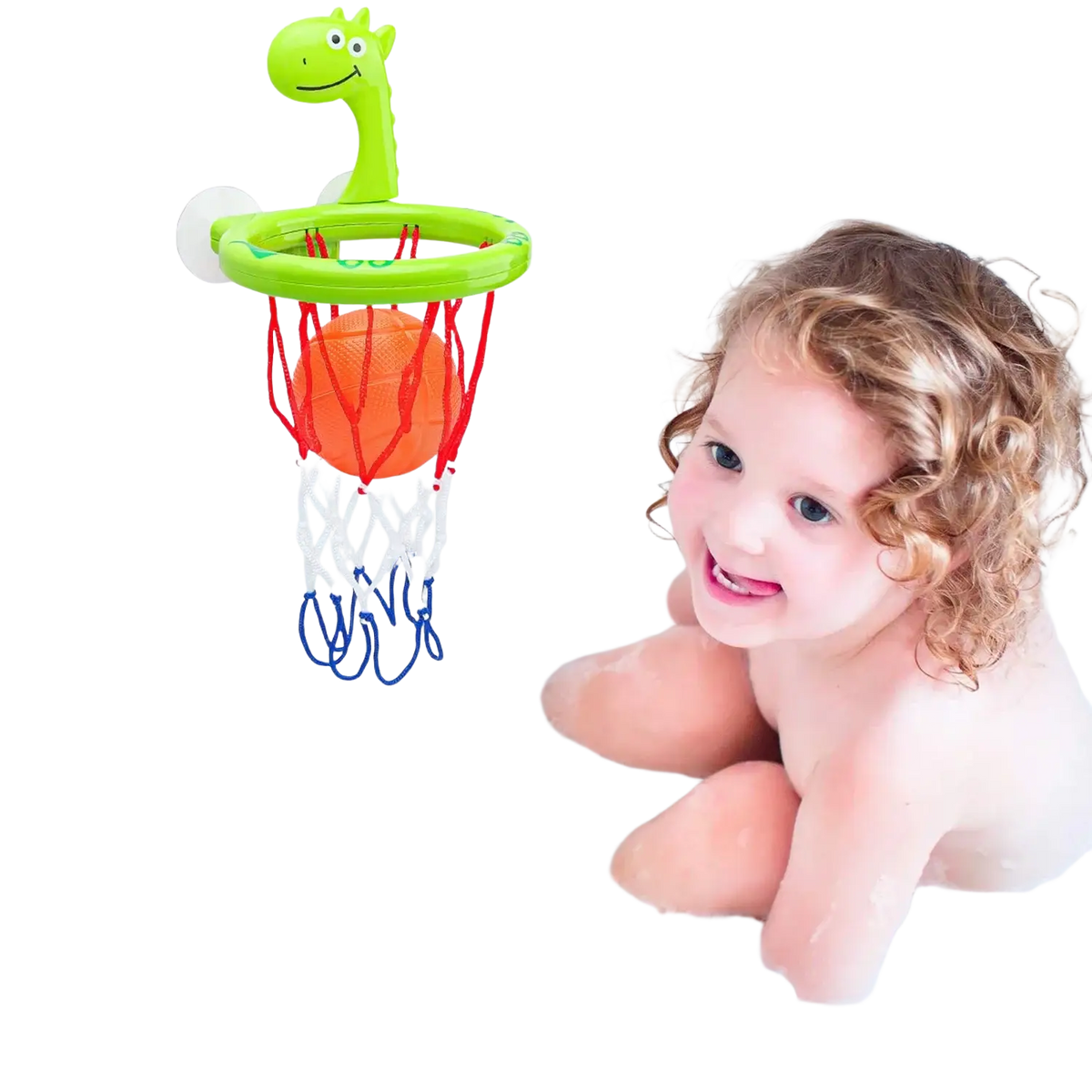 Dinosaur bath basketball hoop set with green plastic dinosaur, red net, and orange ball for bath play