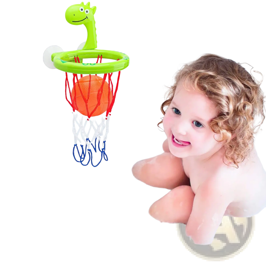 Dinosaur bath basketball hoop set with green plastic dinosaur, red net, and orange ball for bath play
