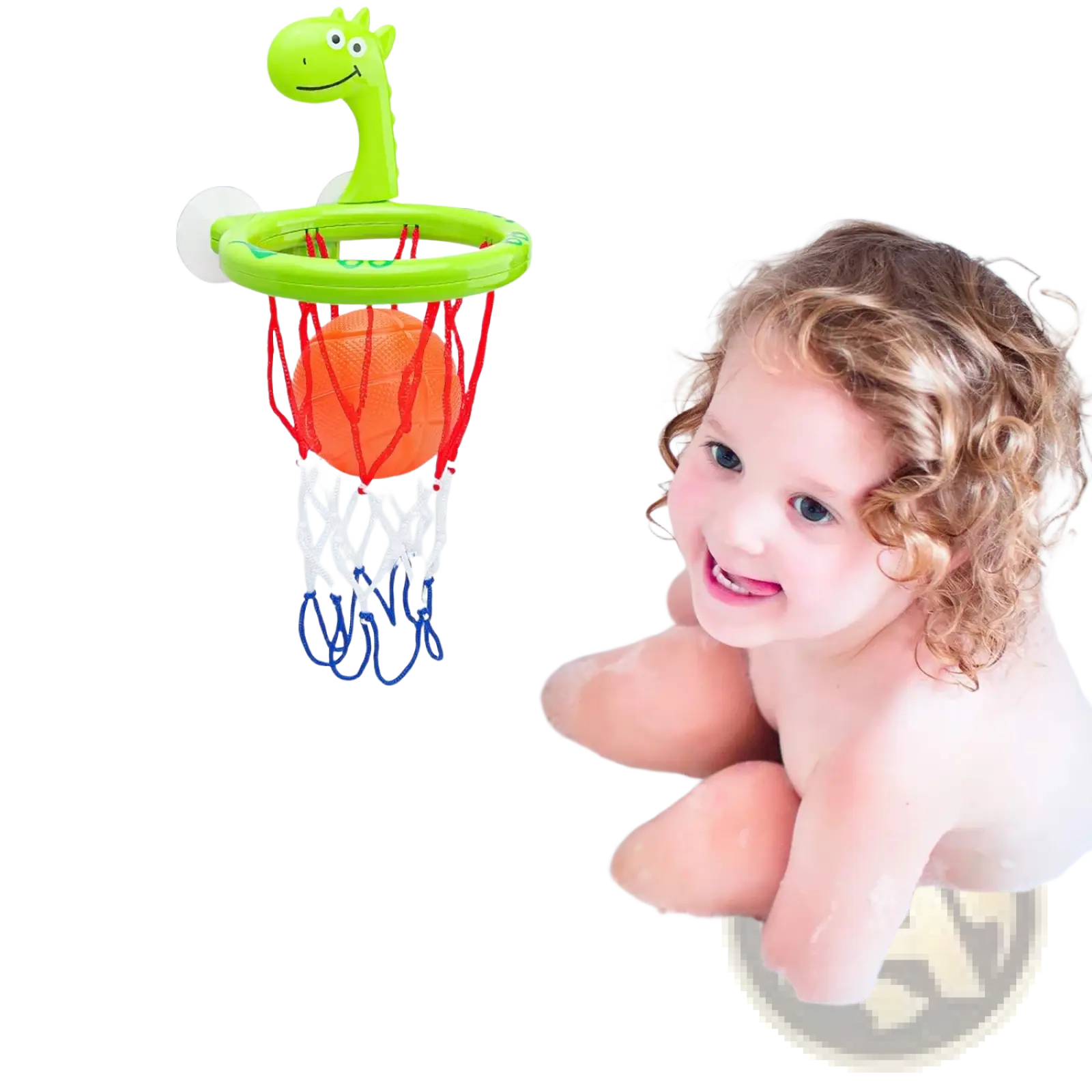 Dinosaur bath basketball hoop set with green plastic dinosaur, red net, and orange ball for bath play