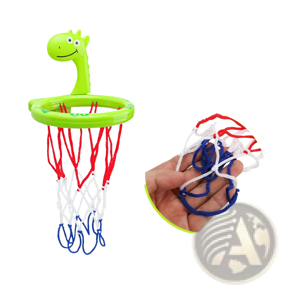 Dinosaur bath basketball hoop set with green dinosaur-themed nylon hoop and red white and blue net includes 3 balls