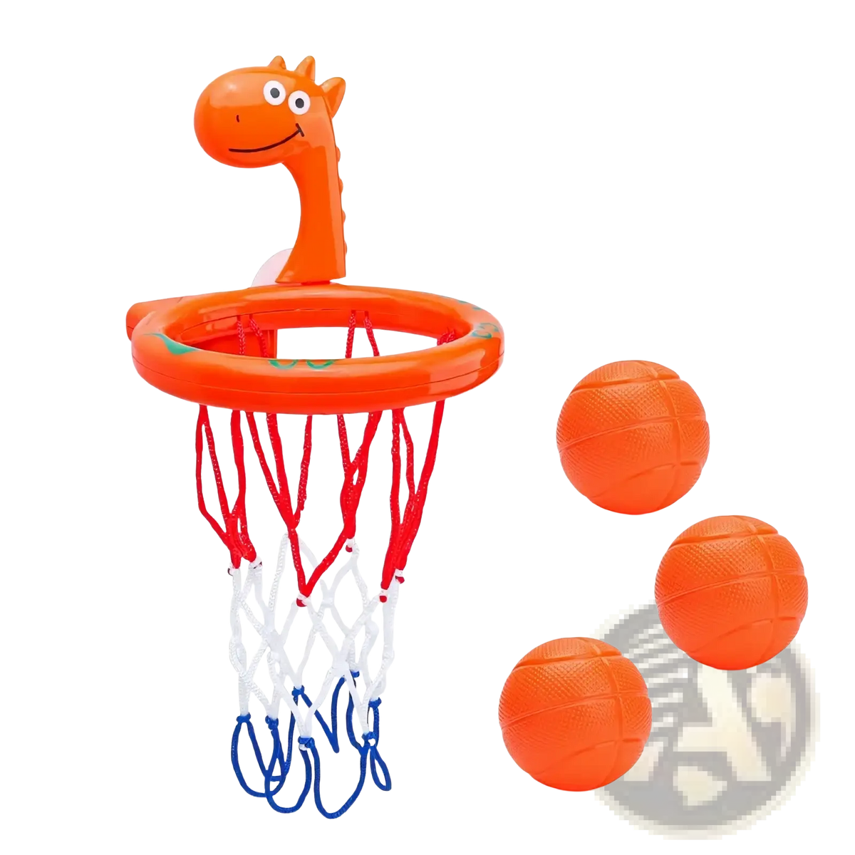 Orange plastic giraffe-themed dinosaur bath basketball hoop set with red net and three orange balls for playtime fun