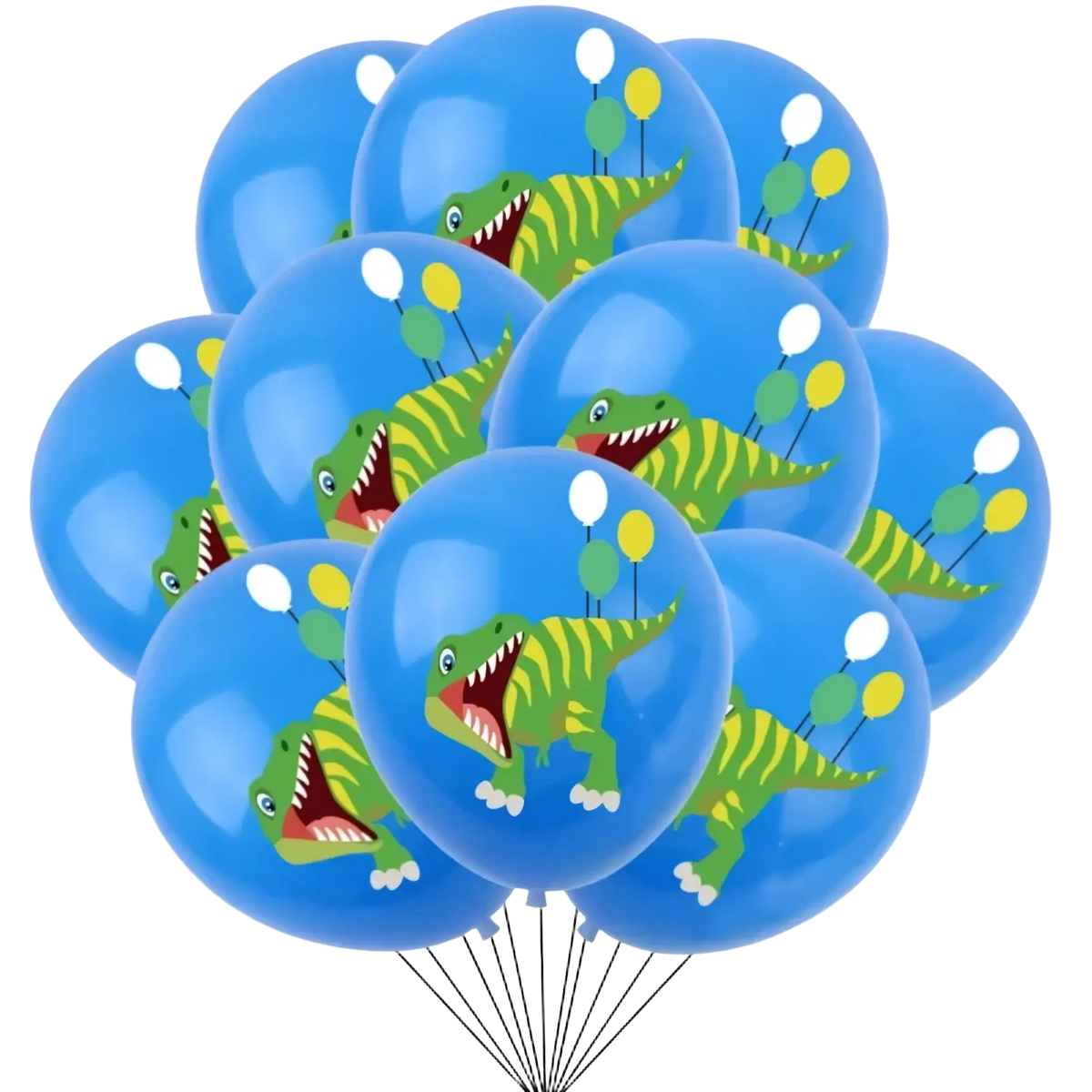 Blue latex dinosaur birthday party balloons featuring a cartoon green dinosaur holding smaller colored balloons 10 pack