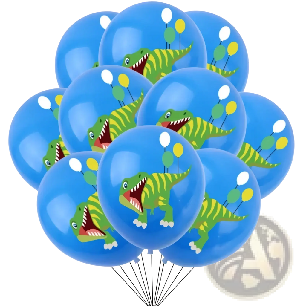 Blue latex dinosaur birthday party balloons featuring a cartoon green dinosaur holding smaller colored balloons 10 pack