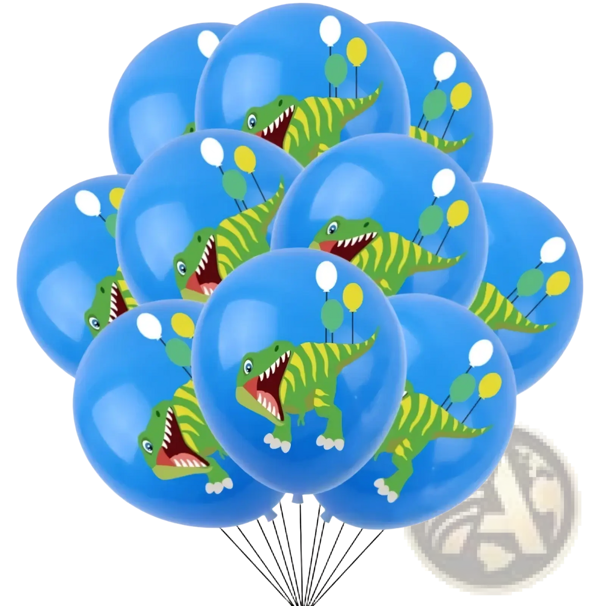 Blue latex dinosaur birthday party balloons featuring a cartoon green dinosaur holding smaller colored balloons 10 pack
