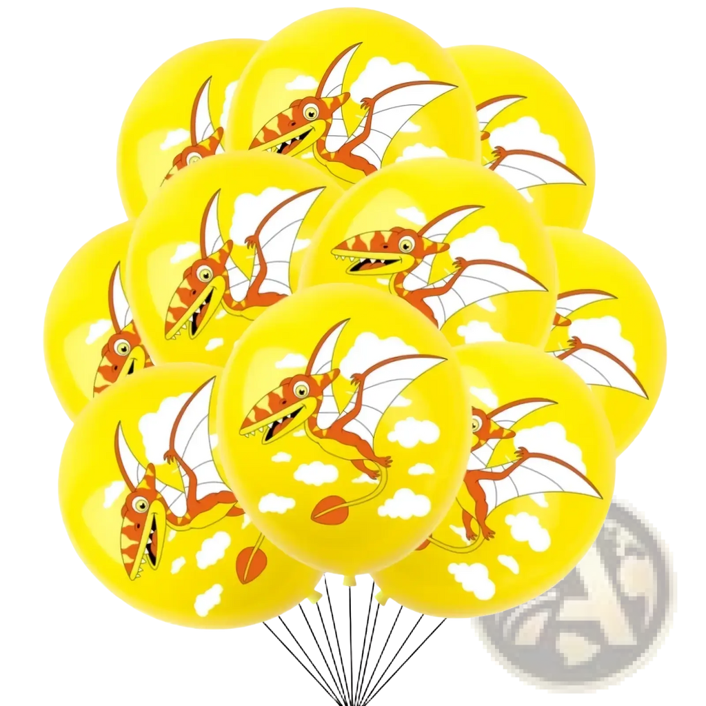 Bright yellow latex dinosaur birthday party balloons featuring cartoon pterodactyls with orange and white patterns