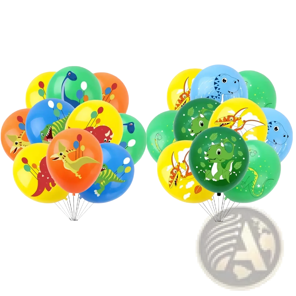 Colorful dinosaur-themed latex balloons in yellow green blue and orange for birthday party 10 pack