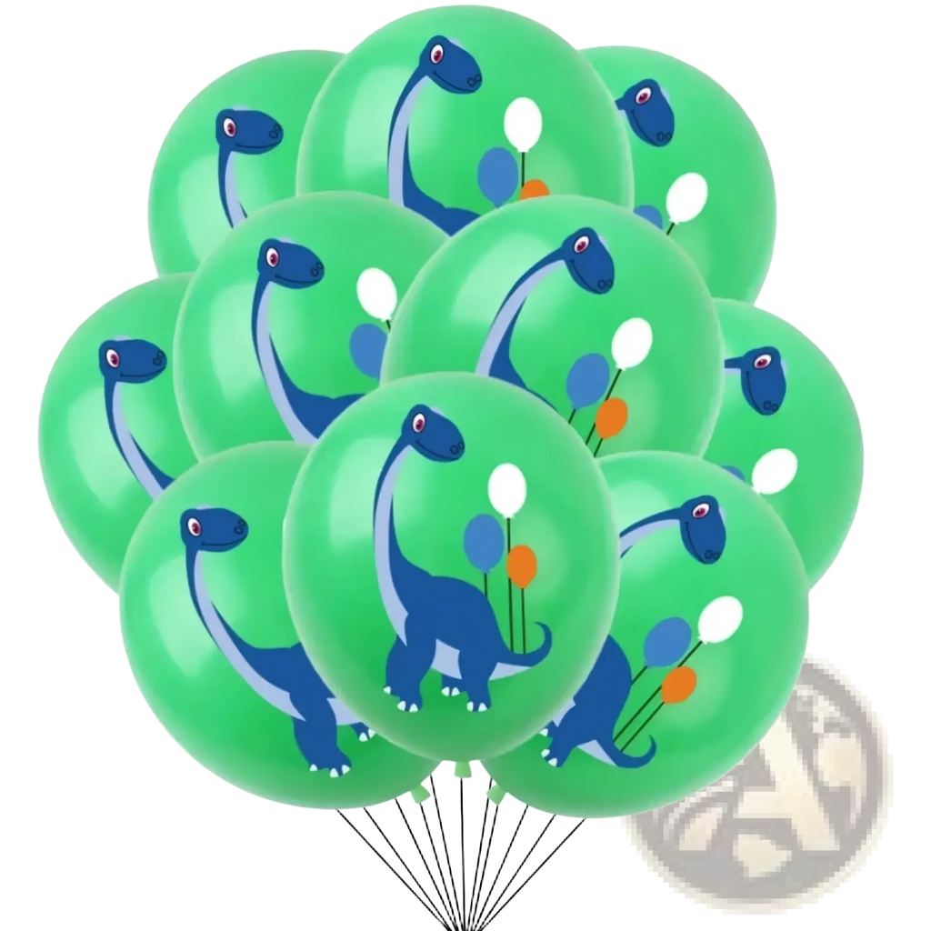 Green latex dinosaur birthday party balloons featuring blue cartoon dinosaurs holding smaller colorful balloons 10 pack