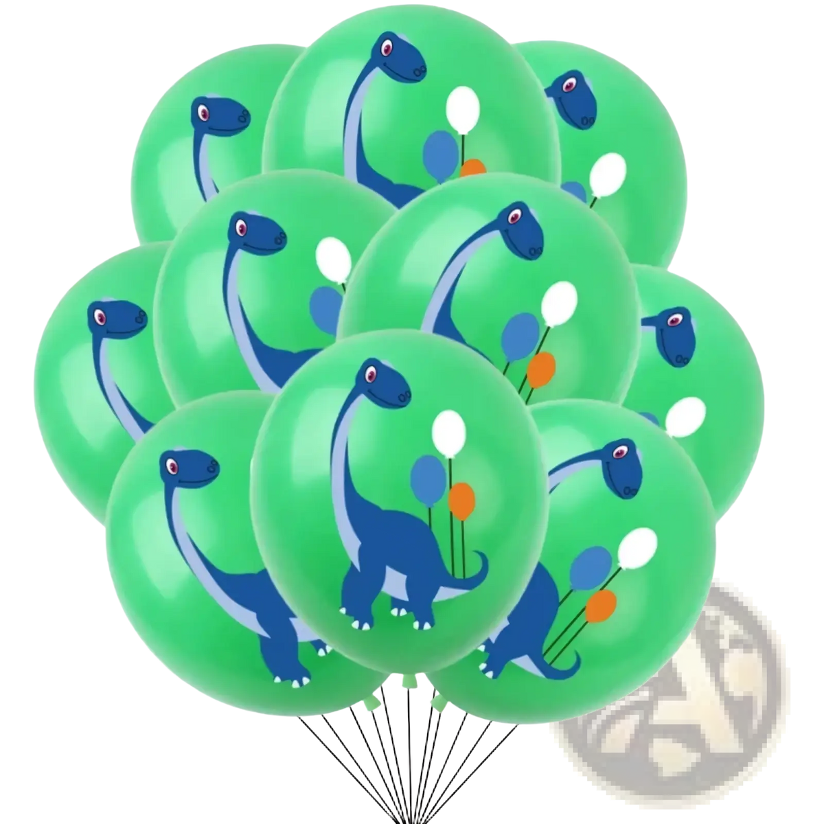 Green latex dinosaur birthday party balloons featuring blue cartoon dinosaurs holding smaller colorful balloons 10 pack