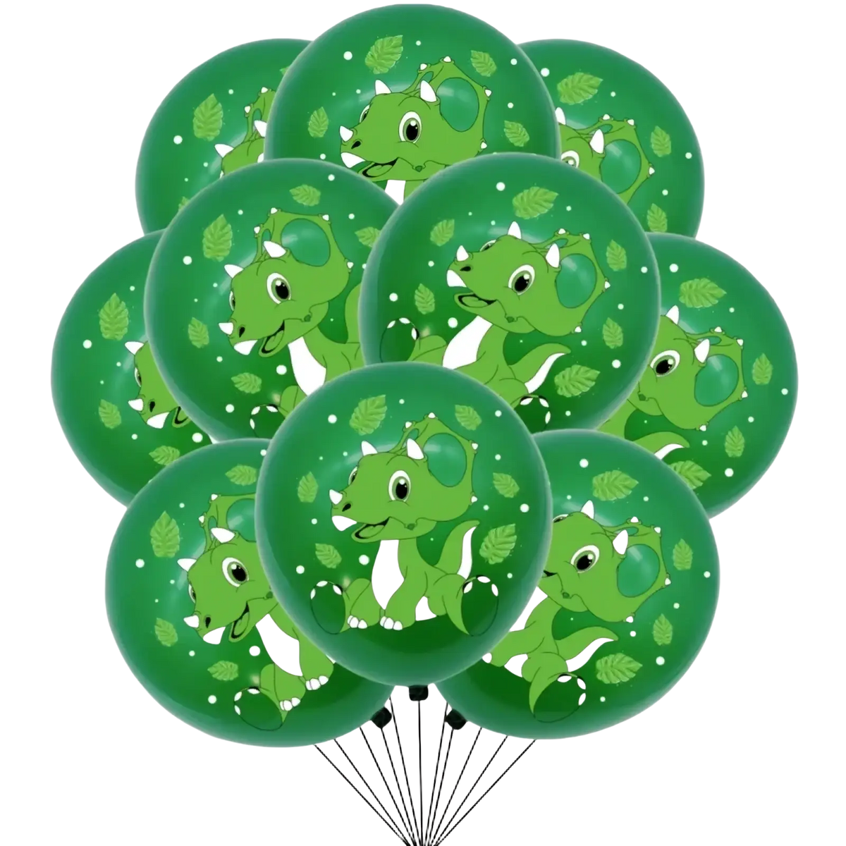 Green dinosaur-themed party balloons featuring cartoon triceratops and leaf patterns in a 10 pack set