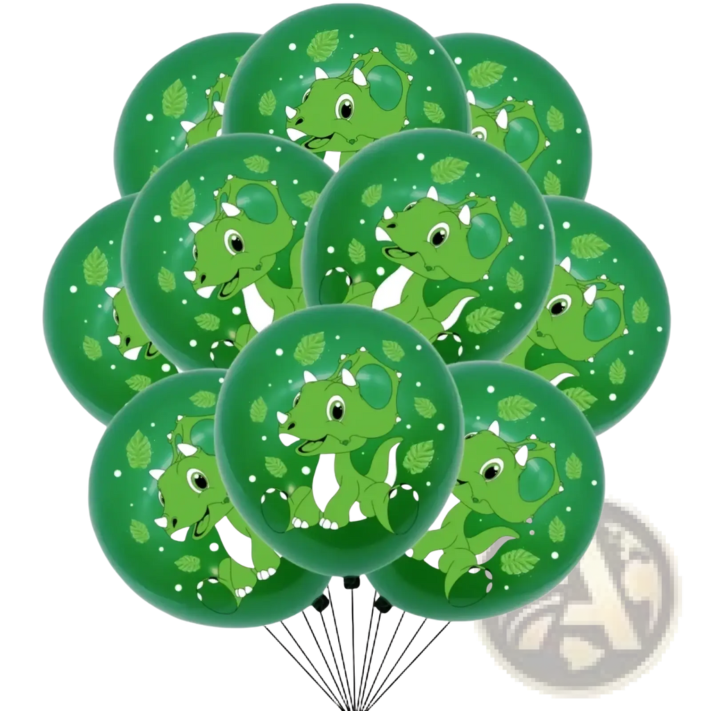 Green dinosaur-themed latex party balloons with cartoon triceratops and leaf patterns for birthday celebrations