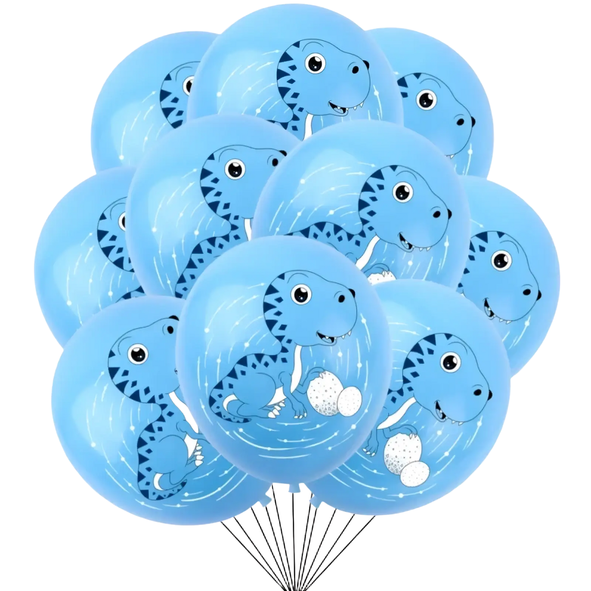 Light blue latex dinosaur birthday party balloons with cartoon faces black eyes patterned necks and some holding white eggs