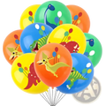 A vibrant pack of 10 colorful latex dinosaur birthday party balloons featuring playful cartoon designs