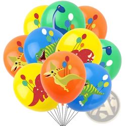 A vibrant pack of 10 colorful latex dinosaur birthday party balloons featuring playful cartoon designs