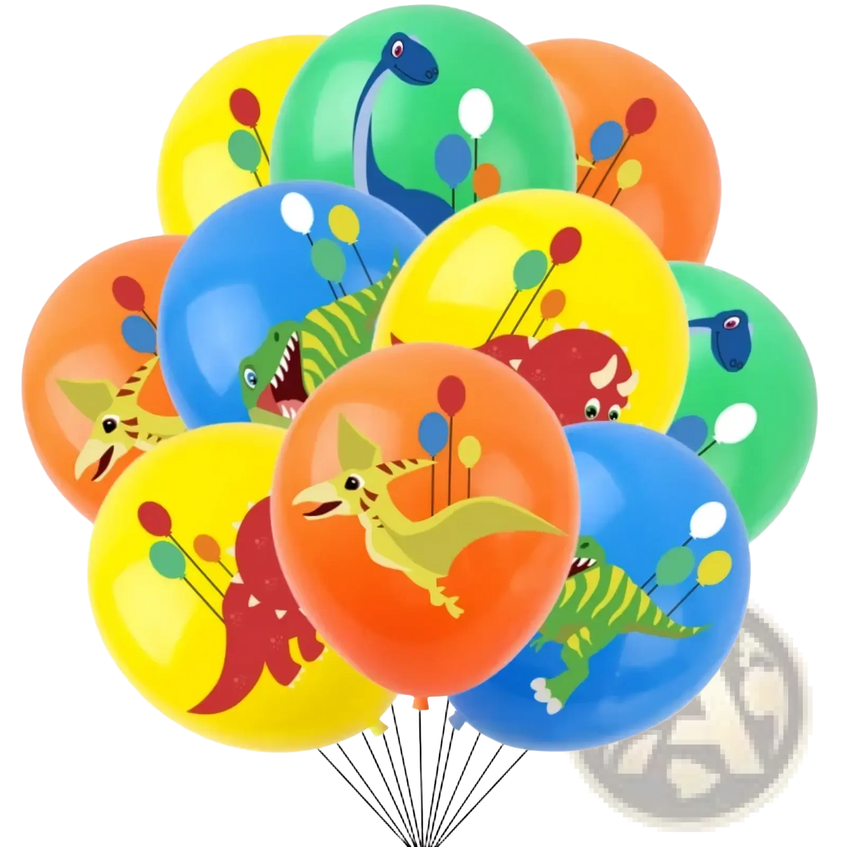 A vibrant pack of 10 colorful latex dinosaur birthday party balloons featuring playful cartoon designs