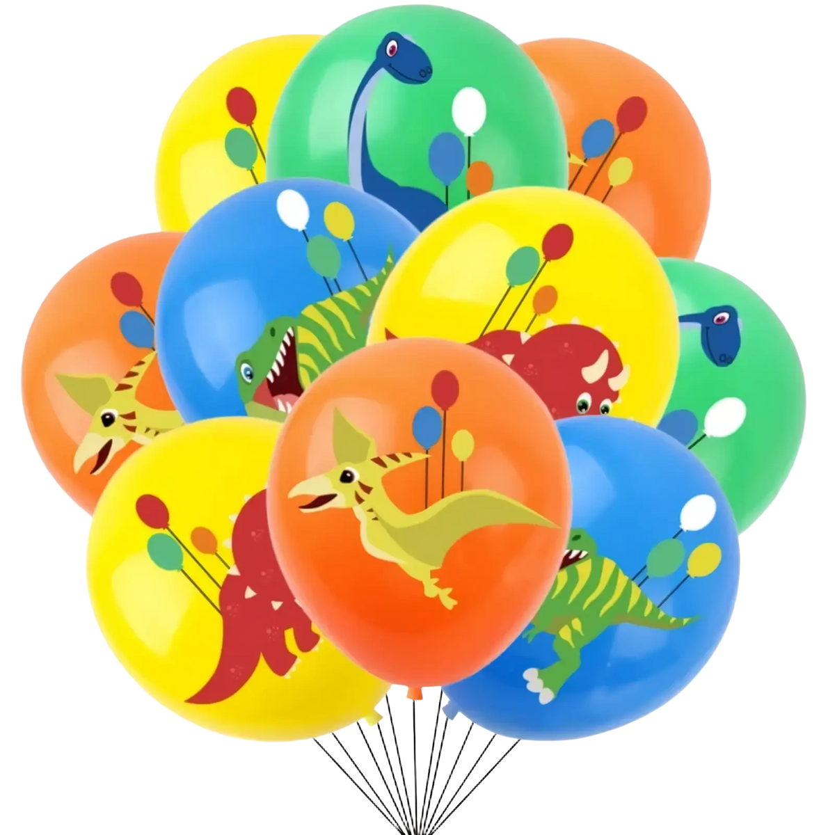 A vibrant 10 pack of colorful latex dinosaur birthday party balloons featuring playful orange yellow blue and green designs