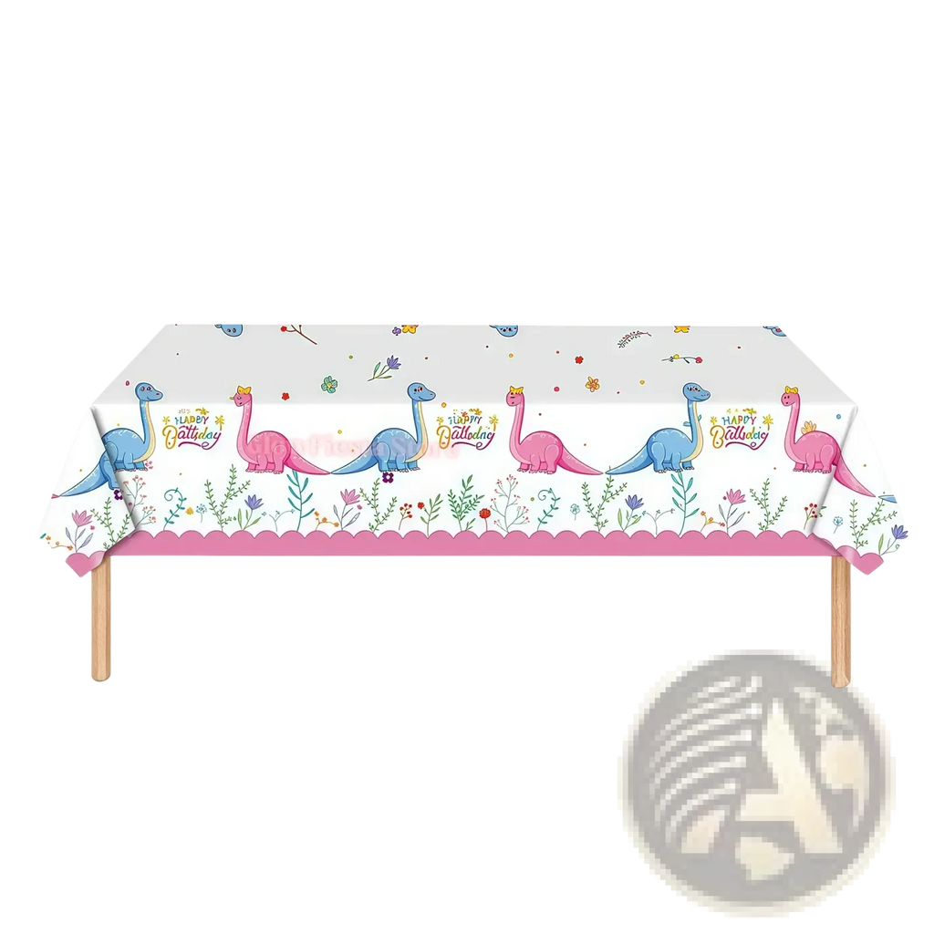 White plastic dinosaur birthday tablecloth with pink blue cartoon dinosaurs crowns floral designs scalloped border